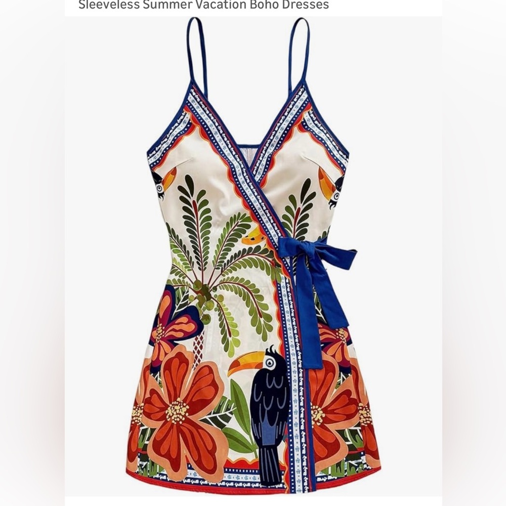 NWOT Tropical Wrap Dress with Blue Ribbon - Picture 2 of 10